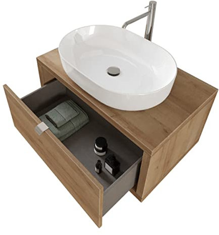 Yellow shop - Mobile bagno sospeso 80 cm con cassetto, lavabo - specchiera con luce led (opz.) Domus Rovere Farnia (Mobile con Lavabo)