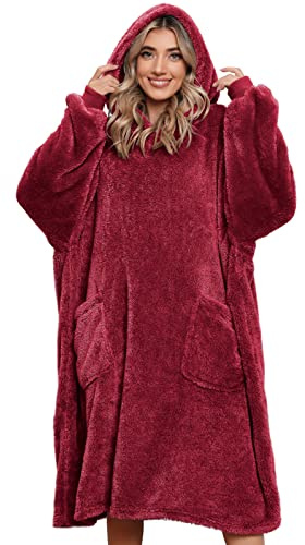 Tuopuda Felpa in Pile con Maniche Giacca Invernale, Felpe con Cappuccio Tasche, Maglione Top Camicetta Tute Manica Lunga Regalo Uomo Donna Natale Mamma Papa, Vino Rosso