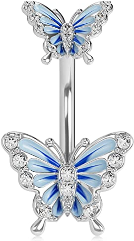 OUFER 14G Bauchnabelpiercing Chirurgenstahl Schmetterling 10 mm Stablänge Piercing Bauchnabel Bananabells CZ Nabelpiercing Reverse Silber Blue Butterfly Belly Button Bar Navel Ring Frauen Männer