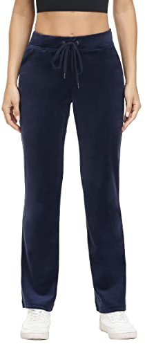 COZZIPLUS Velourbyxor för kvinnor, mjuk sammetströja för kvinnor, raka ben hög midja velour loungebyxa med fickor, Marinblått Xsp, M