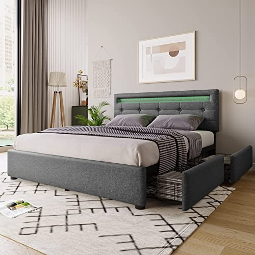 BTM Lit double LED de 140 x 200 cm, avec 4 tiroirs XXL, tête de lit en velours réglable en hauteur, sommier à lattes en bois et capacité de charge de 600 lbs en noir/gris