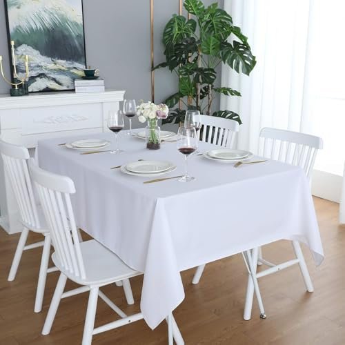 LivinEase Tischdecke 140 x 240 cm – Weiß Rechteckige Tischdecke aus Baumwollmischung 250 g/m² für 6- bis 10-Sitzer-Tisch – Elegante drapierte Tischdecke für den Weihnachtstisch