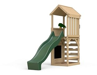 Plum Childrens Garden Lookout Tower Wooden Play Centre with 8ft Slide - Climbing Wall and Ladder - Binocular Accessory Included - Suitable for Children 3 Years Plus (Forest Green Tower)