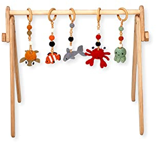 Baby Gym Spielwiese | Aktivitätzentrum für Baby Neugeborenes Kleinkind | Spielstation für die Bauchlage | Trapez spielen mit natürlichem Anhänger | Spielbogen Baby aus Holz (Baby Gym (Meer))