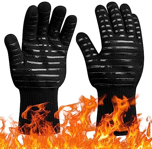 Flintronic Gants de Barbecue, Gants de Four Anti-Chaleur Jusqu'à 800°C, Gants Cuisine Résistant à la Chaleur et Antidérapants, Gant Cuisson Chaleur pour BBQ/Four/Gril/Cheminée/Soudage/Cuisson au Four