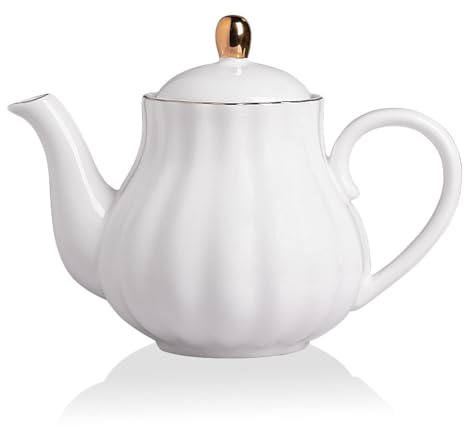 Sweejar Home Royal Teapot, 1100 ml Ceramic Tea Pot with Removable Stainless Steel Infuser 5-6 Cups (White)