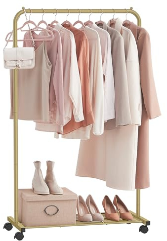 SONGMICS Clothes Rack, Clothes Rail on Wheels, Metal Clothing rail for Bedroom, 91 cm Long Hanging Rail, with Storage Shelf, 2 Lockable Wheels, Top Rail Holds up to 40 kg, Gold HSR025A01 | 91 x 40.5 x 157 cm, Pale Gold, PATAYE Collection HSR025AB01