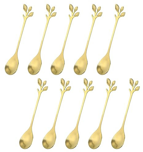 QUARKZMAN 10pcs Inox Acier Feuille Café Cuillère 4,8 Petit Vaisselle Dessert Cuillères Remuer Mélanger Cuillères pour Glace Thé, Café, Dessert, Or