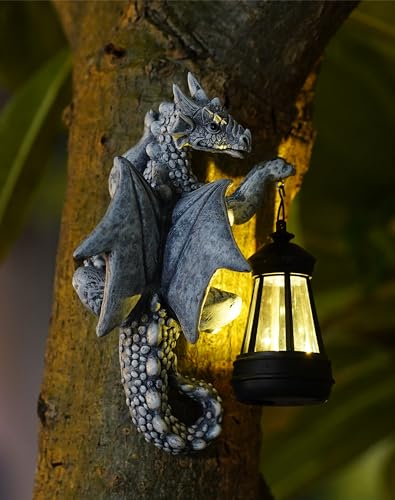 Goodeco Tree Hugger Garden Dragon Statue with Solar Lantern - Outdoor Decor Welcome Sign and Tree Face Garden Gift - Perfect Gardening Gift Idea, 13.97cm x 26.92 cm