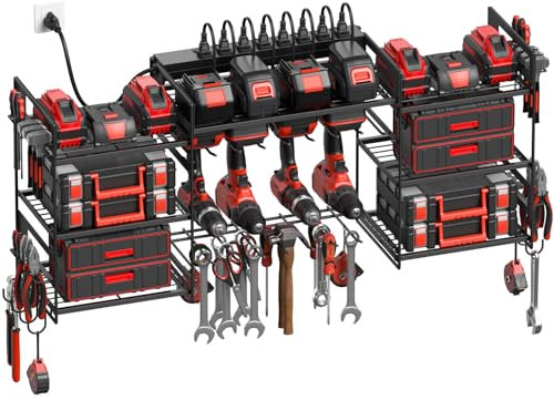 CCCEI Black Power Tool Organizer Wall Mount, Large Tools and Battery Storage Rack Charging Station Individual Switches. Drills Holder, Garage Utility Shelves with 6FT Power Strip. Gift for Men.