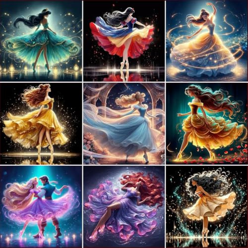 KEYRANKE 9 Stück Diamond Painting Bilder Prinzessin Set, 5D Diamant Painting Erwachsene, Round Full Drill Diamond Painting, DIY Kunstwerk für Home Wand Dekor Geschenk, 30×30cm/12×12inch