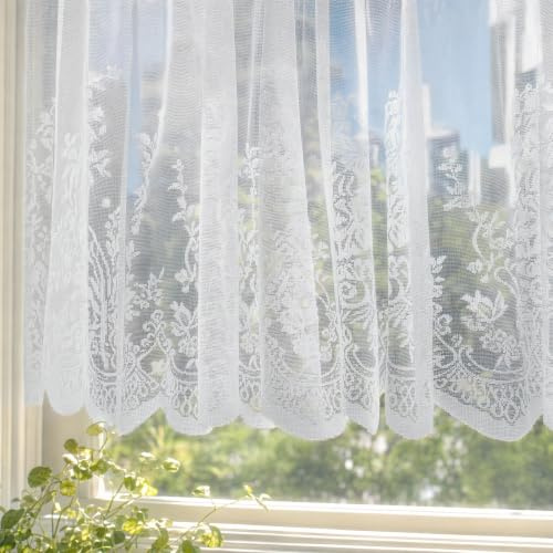 Molaxhome Spitze Scheibengardinen Kurzstores Jacquard Valance für Küche | Halbtransparent Küchengardinen, Bistrogardine Fenstervorhang, Cafe Vorhänge, Fensterschal mit Kante, Blume Valance