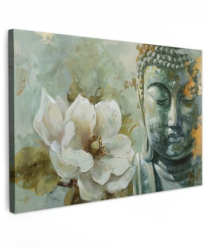 MuchoWow© Wandbilder Groß XXL Schlafzimmer Home Deko Wohnung Bild | 120x80 cm - Wohnzimmer Fotoleinwand Wand Bilder Leinwand Wall Decor Buddha - Zen - Blume - Lotus - Weiß - Moderne Kunst