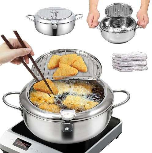 Olla de acero inoxidable con termómetro y escurridor de goteo de aceite, olla japonesa, olla de acero inoxidable, olla de tempura para cocina y uso doméstico (24 cm)