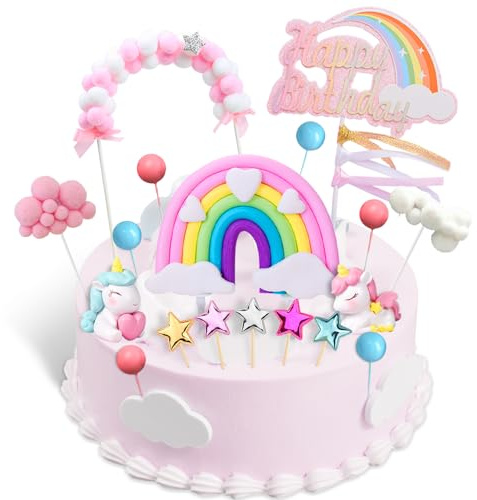 Unicorn Cake Toppers Kit - Rainbow Pink Hairball Arch, Happy Banner for Kids' Birthday Parties
