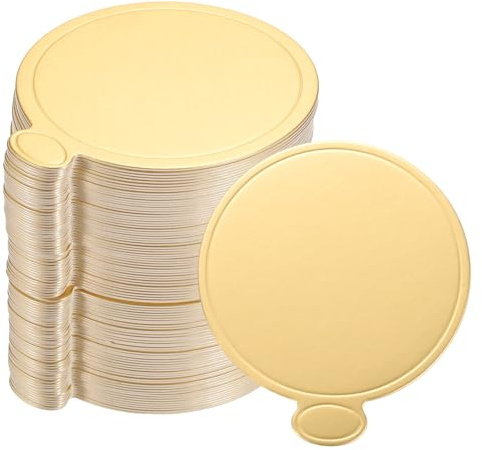 sourcing map 200pcs Mini Cake Boards, Mousse Cake Cardboards Round Cake Bases Plates Cupcake Dessert Displays Base Tray for Cupcakes, Pastries, Dessert Base - Grease Proof (Gold)
