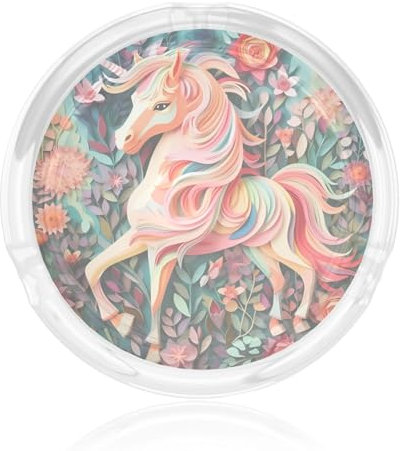 Pink Paper Cut Unicorn Printed glass ashtray - office desktop storage ornaments, Father's Day gift for men