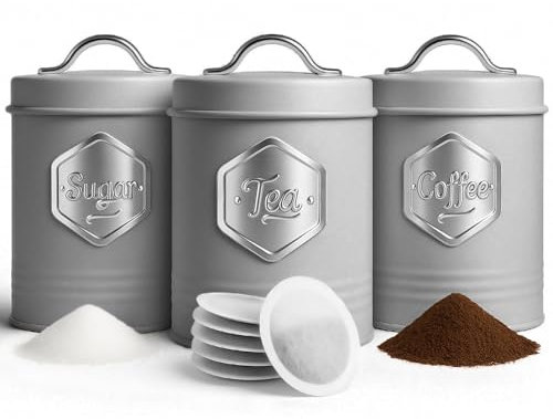 HEFTMAN Recipientes de té gris, café, azúcar, elegantes juegos de 3 piezas para la cocina, juego de almacenamiento de té de café y azúcar, con recipientes herméticos y etiquetados (3 piezas, gris