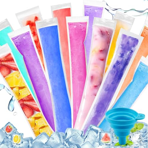 Popsicle Taschen 5.5 x 28 cm, 300 Stück Eisformen für hausgemachtes Wassereis Tüten, Beutel BPA-frei Eis Pop Beutel mit Einem Trichter, Eis am Stiel für Joghurt Eiscreme Saft Smoothies