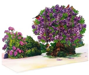3D Pop-Up Grußkarte mit Jacaranda-Baum, Lila Blüten und Garten, 15x20cm, mit Umschlag