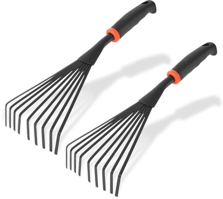 2 Pack Small Hand Rake for Gardening, Mini Leaf & Shrub Rake with Durable Steel Tines, Ergonomic Non-Slip Handle for Flower Beds, Lawn, Leaves & Yard Cleanup