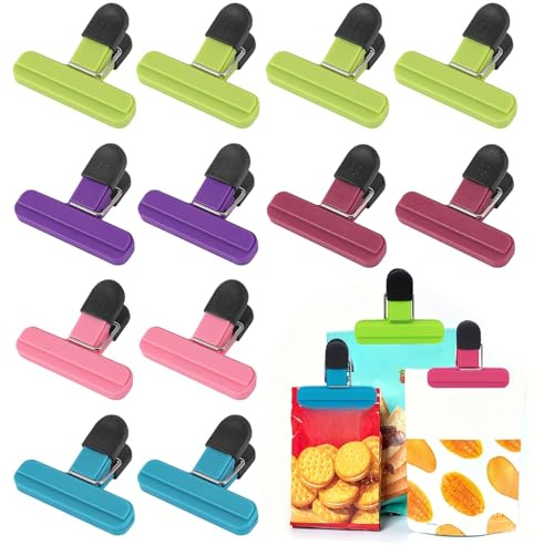 12 Pcs Food Clips for Bag Sealing, Reusable Bag Clips for Food Storage, 7.8cm Kitchen Storage Freezer Bags Clip, 5 Colours Food Bag Clips for Snacks Sandwich Coffee Home Office Travel Camping