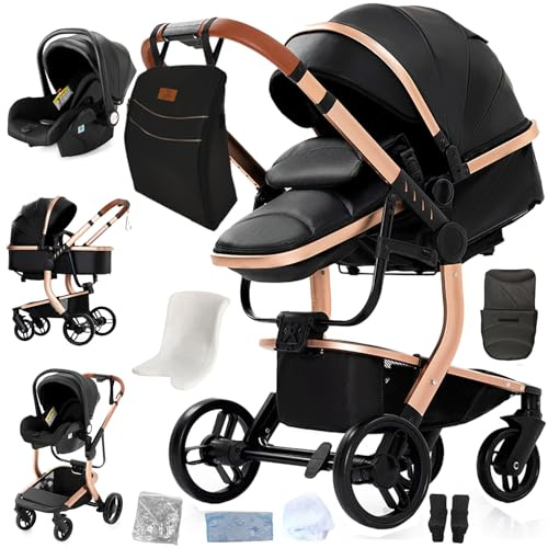 Magic ZC PU läder 3 i 1 babyvagn, barnvagn med en klickbar bärbar design, vagn 3 delar med vändbar tvåvägsdrift, tredelad barnvagn med tillbehör (B518 svart)