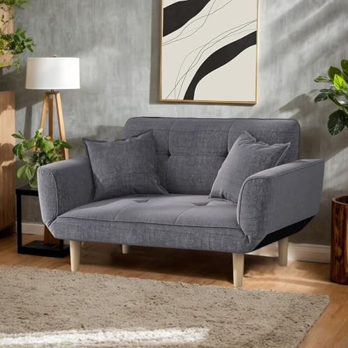 Ljusgrå 2-sits bäddsoffa loveseat – tyg hörn sovsoffa med 2 kuddar och armstöd för vardagsrum, sovrum, sovsalar möbler