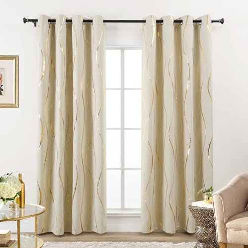 L.Z.E Gardinen Vorhänge Verdunklung für Schlafzimmer Wohnzimmer, Creme Gardinen Vorhang mit Gold Folien Muster, 245 cm Lang mit Ösen, 2er Set 80-85% Abdunkelnd Blickdicht Ösenschals (LZE2252E-BGG245)