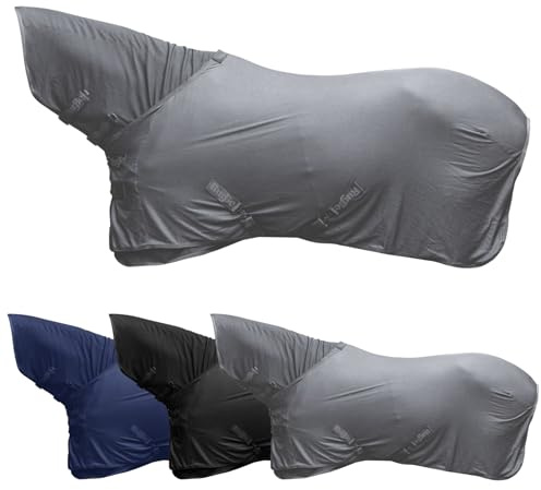 Covalliero - Abschwitzdecke Light – Pferdedecke mit Halsteil (separat) – Transportdecke mit Schnellverschlüssen & Kreuzgurten – schnell trocknend & atmungsaktiv – Stahlgrau – 145cm