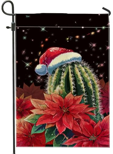 Bandiera da giardino a forma di cactus, cappello di Babbo Natale con stella di Natale, in iuta rossa, su entrambi i lati, decorativa, per esterni, patio, prato, portico, ingresso, campeggio, 30,5 x