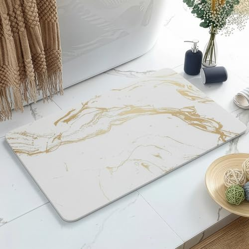 Maxura Alfombrilla Baño Diatomita 60x40 cm – Secado Rápido en Segundos, Antideslizante y Antibacteriana – Alfombra de Piedra Ultra Absorbente para Ducha y Baño (Blanco-Dorado)