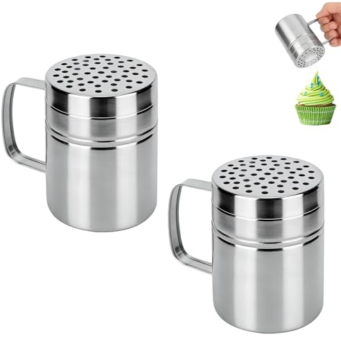 2pcs Dredger Shaker, Stainless Steel Flour Dredger Icing Sugar Chocolate Powder Shaker with Handle for Shaking Cocoa, Flour, Sugar, Salt, Spice