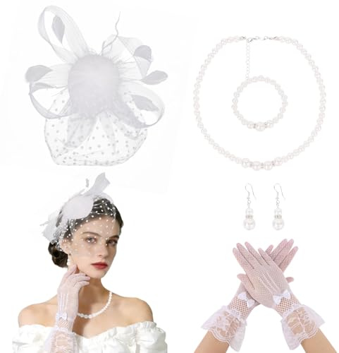 ACO-UINT Fascinators Hats for Women White Tea Party Veil Mesh Headpiece Kentucky Hat Set with Pearl Jewelry Lace Gloves Derby Hat for Weddings Cocktail Church