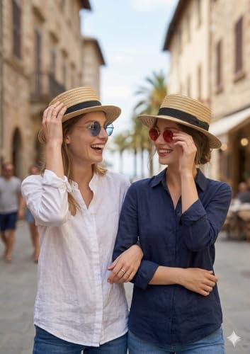 labreeze 2x Straw Boater Hat with Retro Glasses Set, Vintage Style, Party Combo, 4 Pieces, for Couples, Friends, and Groups