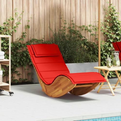 GeenYuu Tumbona balancín de madera maciza de acacia con cojín rojo, 154 x 60 x 74 cm, tumbona de jardín ajustable con respaldo, ideal para terraza, balcón, piscina y camping