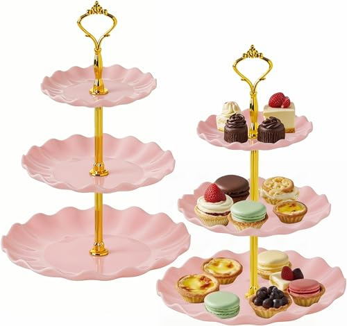 3 Tier Cake Stand, 2 Pcs Afternoon Tea Stands Cup Cake Fruit Dessert Stand | Reusable Food Platter Stand, 34cmH Cake Stands, Afternoon Tea Stands for Wedding Birthday Graduation Tea Party(Pink)