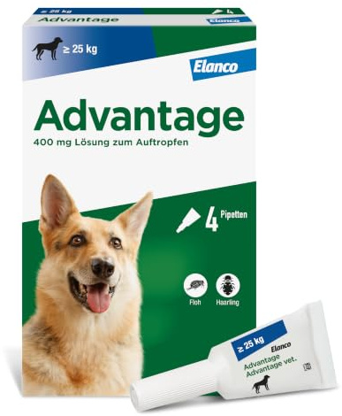 Advantage Spot On für Hunde 400 mg (25-40 kg), gegen Flöhe, 4 Pipetten | Schnelle Hilfe bei Flöhen: Wirkt bei Kontakt ohne Stich. Schützt deinen Hund & dein Zuhause. Einfache Anwendung im Nacken.