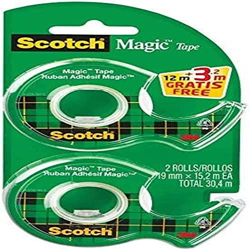 Scotch Magic Tape - 2 Handabroller, 19 mm x 12 m + 3,2 m GRATIS - Unsichtbares Klebeband für allgemeine Zwecke zur Reparatur, Etikettierung und Versiegelung von Dokumenten