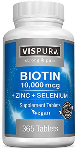 Biotin 10000 mcg + Zinc + Selenium, Pure, Vegan & Extra Strong, Best Supplement for Hair Growth, Glowing Skin, Strong Nails*, 365 Tablets for 12 Months, Natural Without Additives