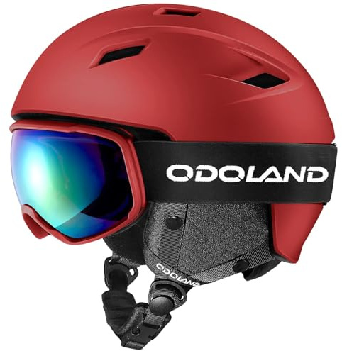 Odoland Ski Helmet and Goggles Set for Adults & Youth, Snowboard Helmet with Goggles - Shockproof Winter Sports Helmet with Protective Shell for Men, Women & Teens, Red, M