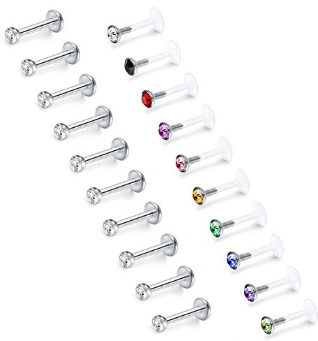 Mayhoop 20PCS Lippenpiercing Labret Monroe Ohrstecker 16G 6 mm Tragus Helix Piercing Ohrstecker aus Acryl und Edelstahl mit 2 mm / 3 mm klarem und buntem Kristallpiercingschmuck