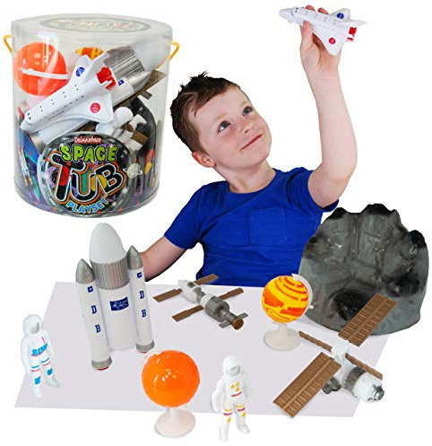 Tub Playset - Space from Deluxebase. 12 Piece Educational Sea Life Toy Playset for Kids. Reusable Tub with Astronauts, Planets, Rocket, Space Shuttle, Satellite, Moon Rock plus Accessories