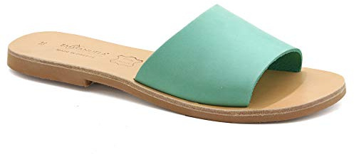 Emmanuela grekiska handgjorda platta lädersandaler, kvalitet enkla sandaler, högkvalitativa sommarskor för kvinnor, slide sandaler med öppna tår, Minegrön, 38 EU