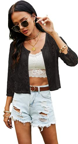 Ietaoo Bolero Shrug, Giacca da Donna Estiva Cardigan Corto Elegante Coprispalle da Donna con Maniche a 3/4 Nero M