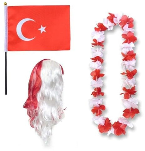Sonia Originelli Fan-Set Türkei Fan-Set 4 Langhaar Locken - Türkische Fanartikel EM WM Fußball Party Karneval