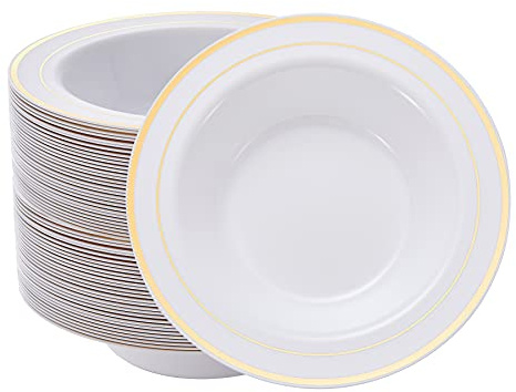 N9R 30PCS Disposable Plastic Bowls with Gold Rim, 12 oz Fancy White Plastic Bowls, Premium Dessert Salad Bowls Perfect for Party, Wedding and Everyday Use