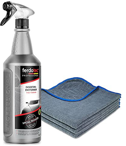 ferdotec® 1L Coche Insectos removedor + 3 x Microfibra paños 380gsm 40x40cm (Azul/Antracita) Altamente Absorbente | Limpiador de Insectos Extra Fuerte para Superficies de Vidrio, Pintura y Cromo