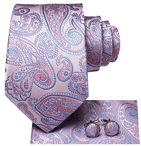 Hi-Tie Mens Tie Set Pink Paisley Silk Necktie Woven Ties with Pocket Square Cufflinks Set for Wedding Party