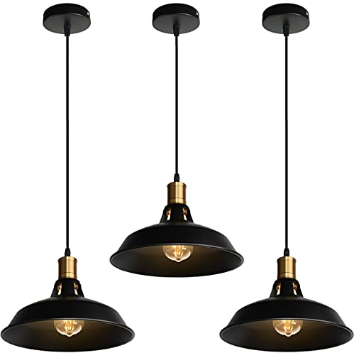 TOKIUS Retro Pendelleuchte, Ø27cm Hängelampe Vintage Industrial Style Metall Deckenleuchte E27 Fassung Hängeleuchte für Esszimmer Küche Restaurant (Schwarz, 3 Stücke)